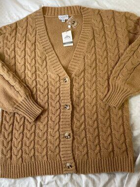 NWT Womens Sz S / M Mudpie Tan V-neck Button Cardigan Sweater Cable Knit Oversz